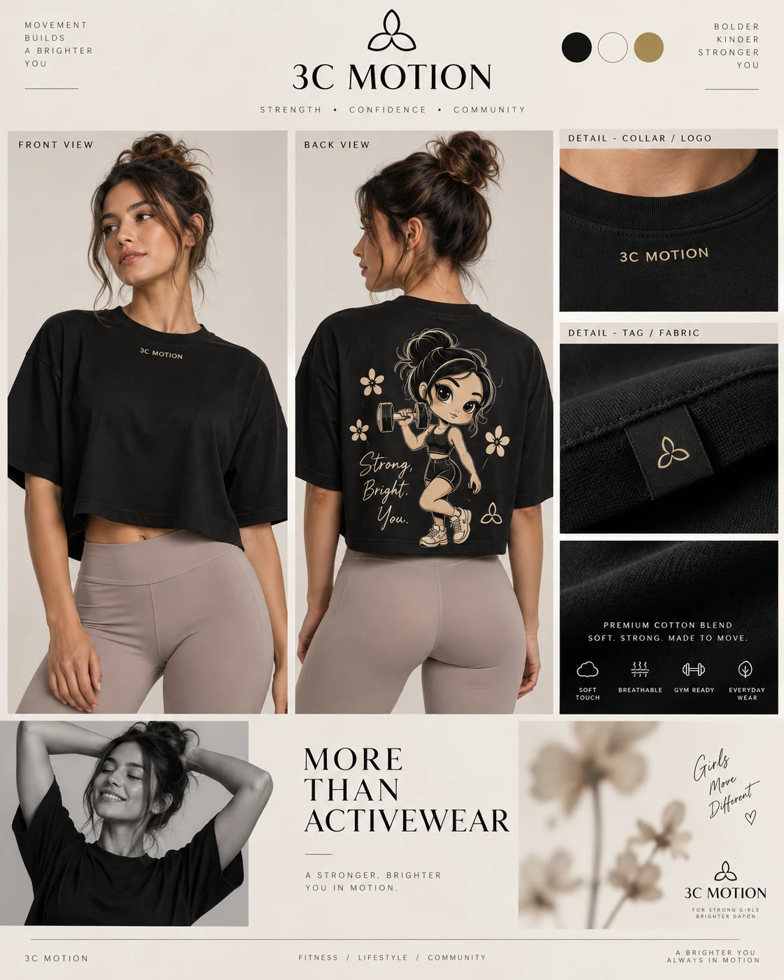 Prancha da coleção feminina 3C Motion com frente, costas e detalhes